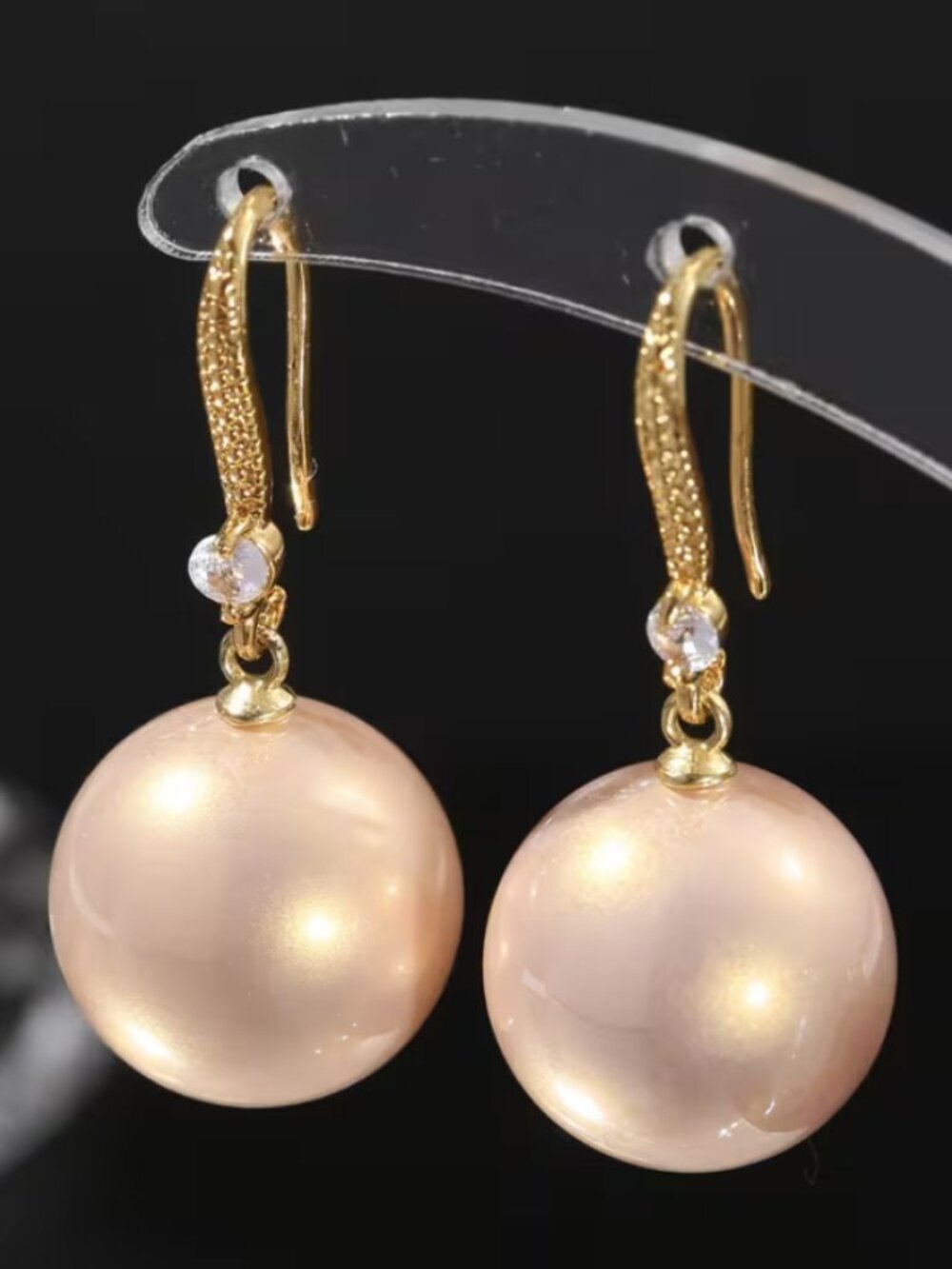14K Gold Womens 1ct Diamond Champagne Pearl Hanging Drop Earrings Ladies Jewelry